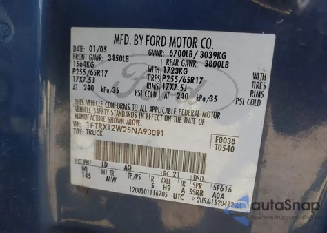 2005 Ford F-150 Stx/Xl/Xlt z USA, uszkodzony, nr VIN 1FTRX12W25NA93091